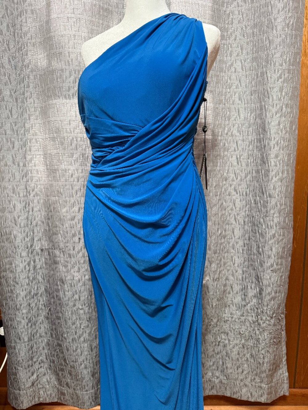 NWT Adrianna Papell Size 10 Cobalt Blue One Shoulder Ruched Draped Gown Dress